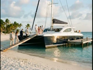 Luxury catamaran moored at white sand beach dock in Aruba with passengers boarding, turquoise Caribbean waters at sunset