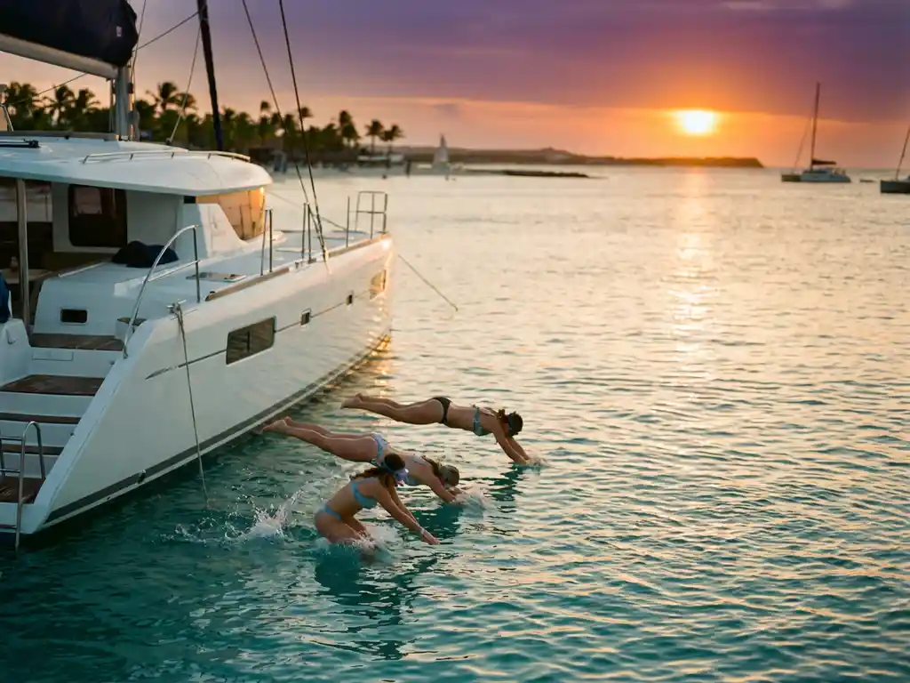Luxury white catamaran anchored in turquoise Caribbean waters near Aruba with passengers swimming at golden sunset