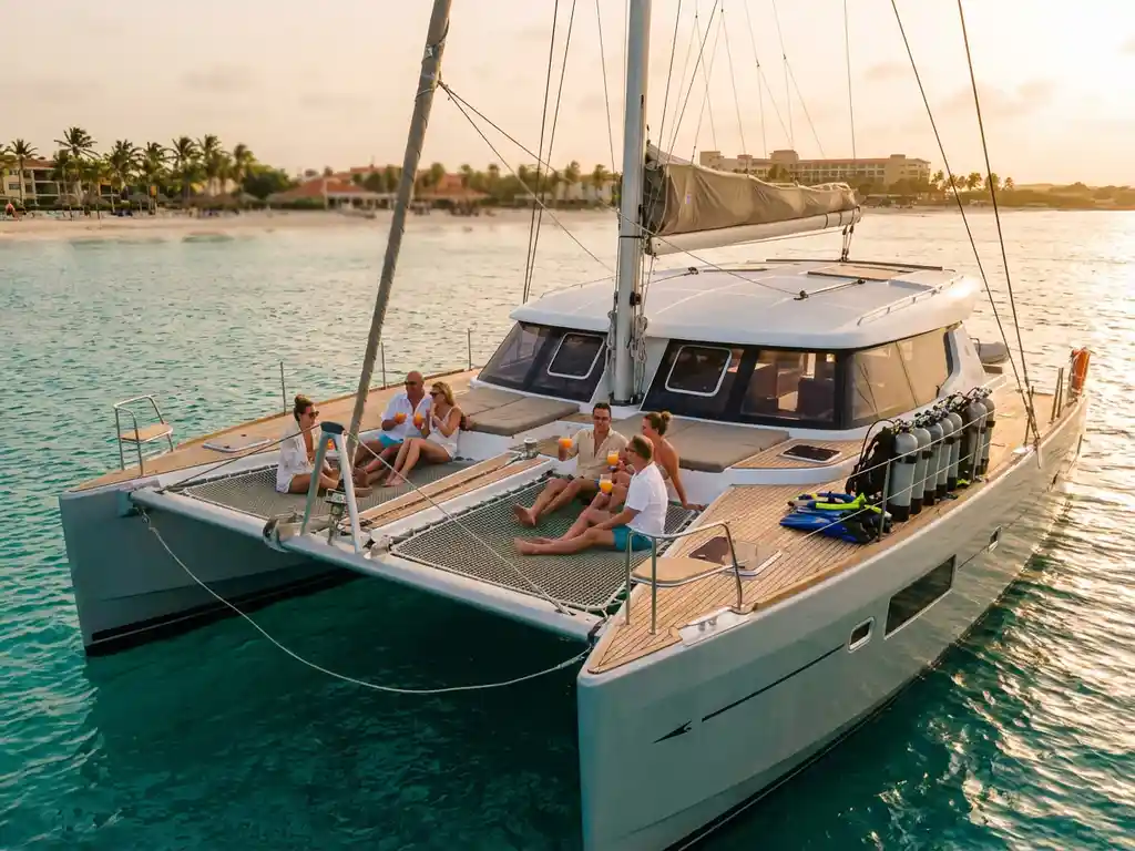 Luxury catamaran sailing turquoise Caribbean waters at sunset with passengers and snorkel gear, Aruba coastline visible