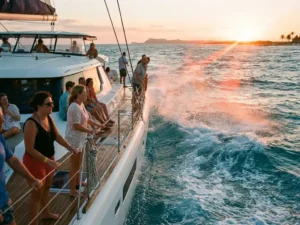 Luxury catamaran sailing through choppy turquoise Caribbean waters at sunset with passengers aboard in Aruba