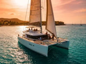 Luxury catamaran sailing through turquoise Caribbean waters at sunset off Aruba coast with passengers enjoying cocktails
