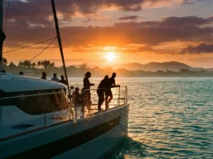 Luxury catamaran sailing through turquoise Caribbean waters at sunset with passengers enjoying drinks on deck near Aruba