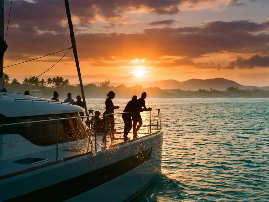 Luxury catamaran sailing through turquoise Caribbean waters at sunset with passengers enjoying drinks on deck near Aruba