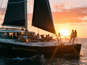 Luxury catamaran sailing through turquoise Caribbean waters at sunset with passengers on deck enjoying golden hour sky