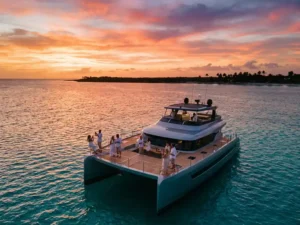 Luxury catamaran anchored in turquoise Caribbean waters at sunset with passengers on deck, Aruban coastline visible