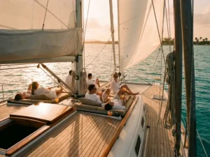 Luxury catamaran sailing through turquoise Caribbean waters at golden hour with passengers enjoying tropical drinks on deck