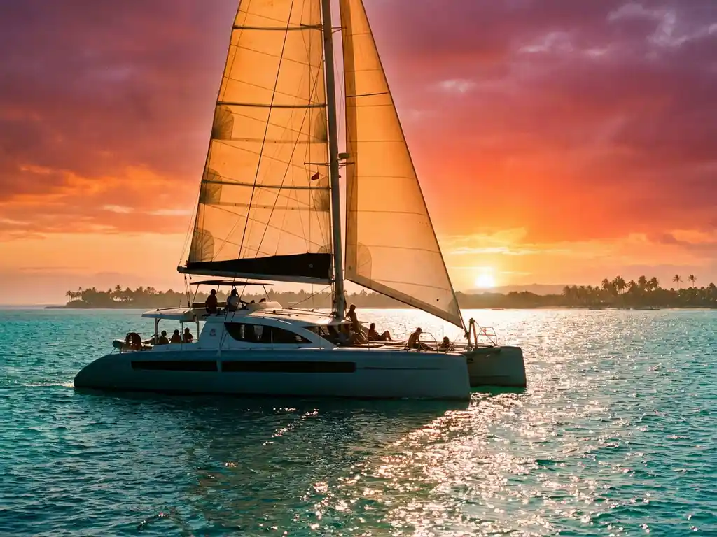 Luxury catamaran with white sails cruising turquoise Caribbean waters at sunset near Aruba coastline