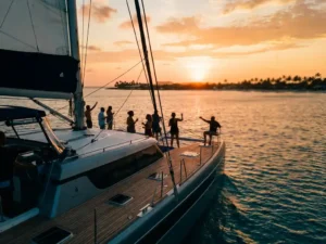 Luxury catamaran sailing through turquoise waters at sunset with passengers on deck, Aruba coastline in background