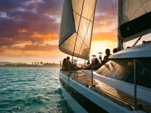 Luxury catamaran sailing through turquoise waters at sunset with passengers relaxing on deck, Aruban coastline visible
