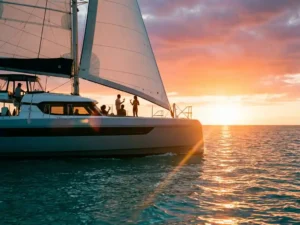 Luxury catamaran sailing through turquoise waters at sunset with silhouetted passengers holding drinks against golden sky