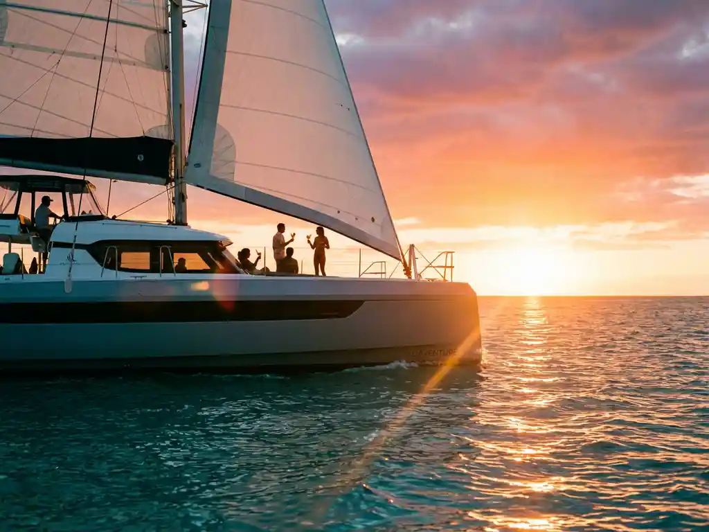 Luxury catamaran sailing through turquoise waters at sunset with silhouetted passengers holding drinks against golden sky