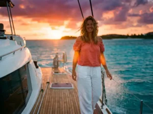 Stylish woman in white linen pants and coral top on luxury catamaran deck at golden hour sunset in Aruba