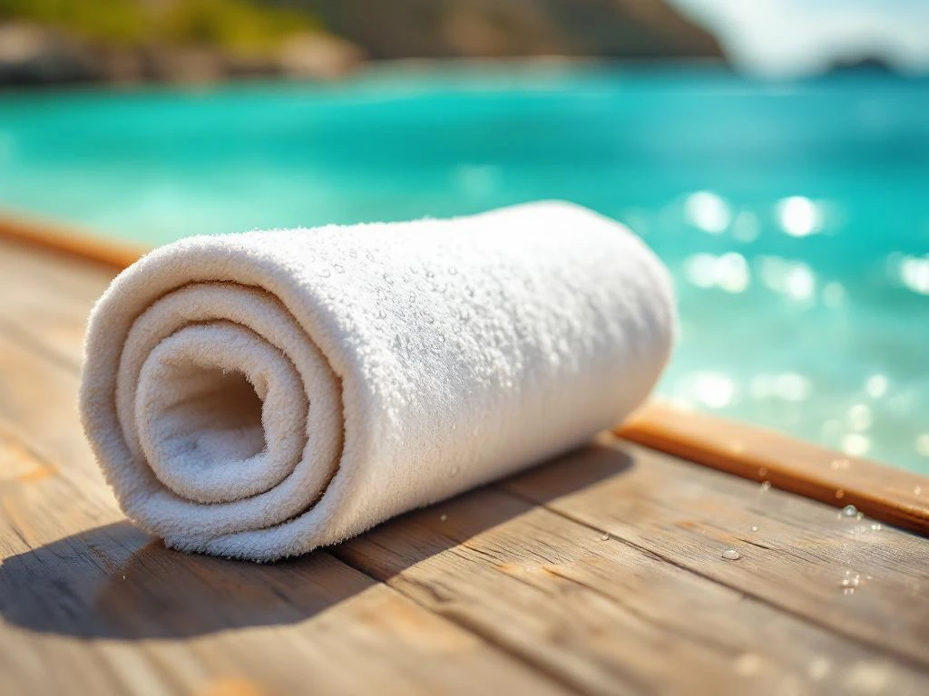 White rolled towel on teak boat deck with turquoise Caribbean water and golden sand beach in background