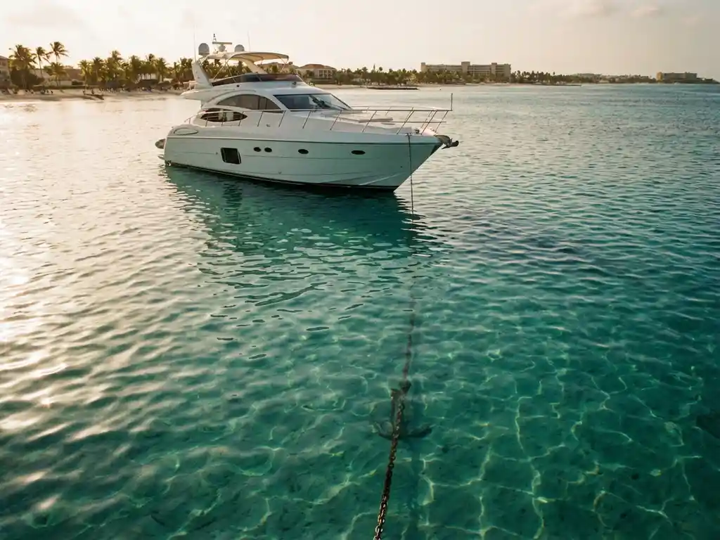 Luxury white yacht anchored in crystal-clear turquoise Caribbean waters with visible anchor chain and sandy bottom below
