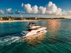 White luxury yacht cruising through turquoise Caribbean waters near Aruba's coastline with palm trees and beaches