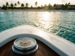 Luxury white yacht anchored in turquoise Caribbean waters off Aruba coast with clock on deck, palm trees and beach visible