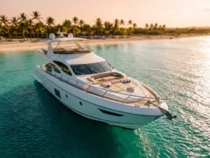 Luxury white yacht anchored in turquoise Caribbean waters off Aruba's palm-fringed coastline during golden hour