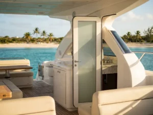 Luxury white charter yacht with open bathroom door showing marble fixtures, anchored in turquoise Caribbean waters off Aruba