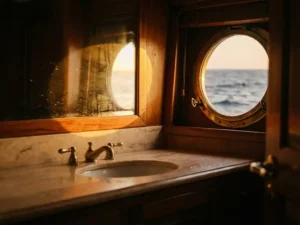 Luxury cruise ship bathroom with marble countertops, brass fixtures, and sunset light through porthole window