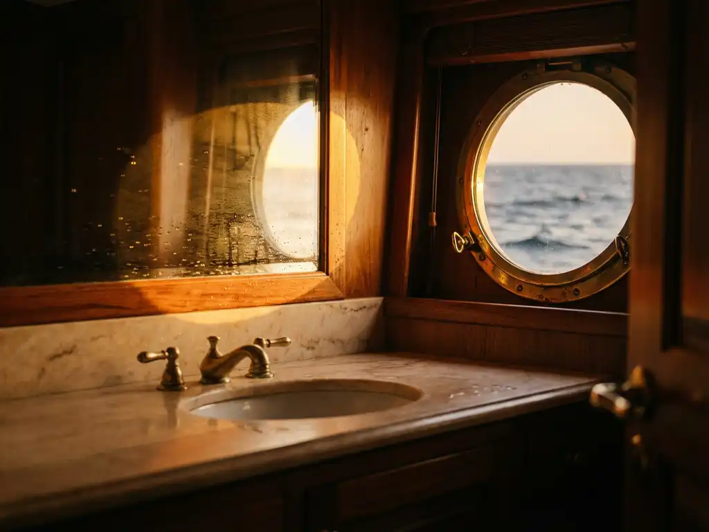 Luxury cruise ship bathroom with marble countertops, brass fixtures, and sunset light through porthole window