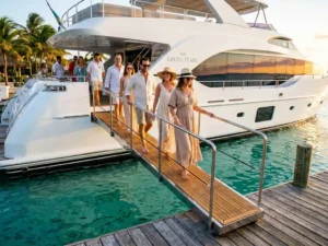 White luxury yacht at Caribbean dock with passengers boarding via wooden gangway, turquoise Aruba waters in background