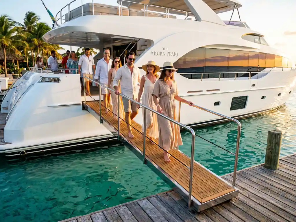White luxury yacht at Caribbean dock with passengers boarding via wooden gangway, turquoise Aruba waters in background