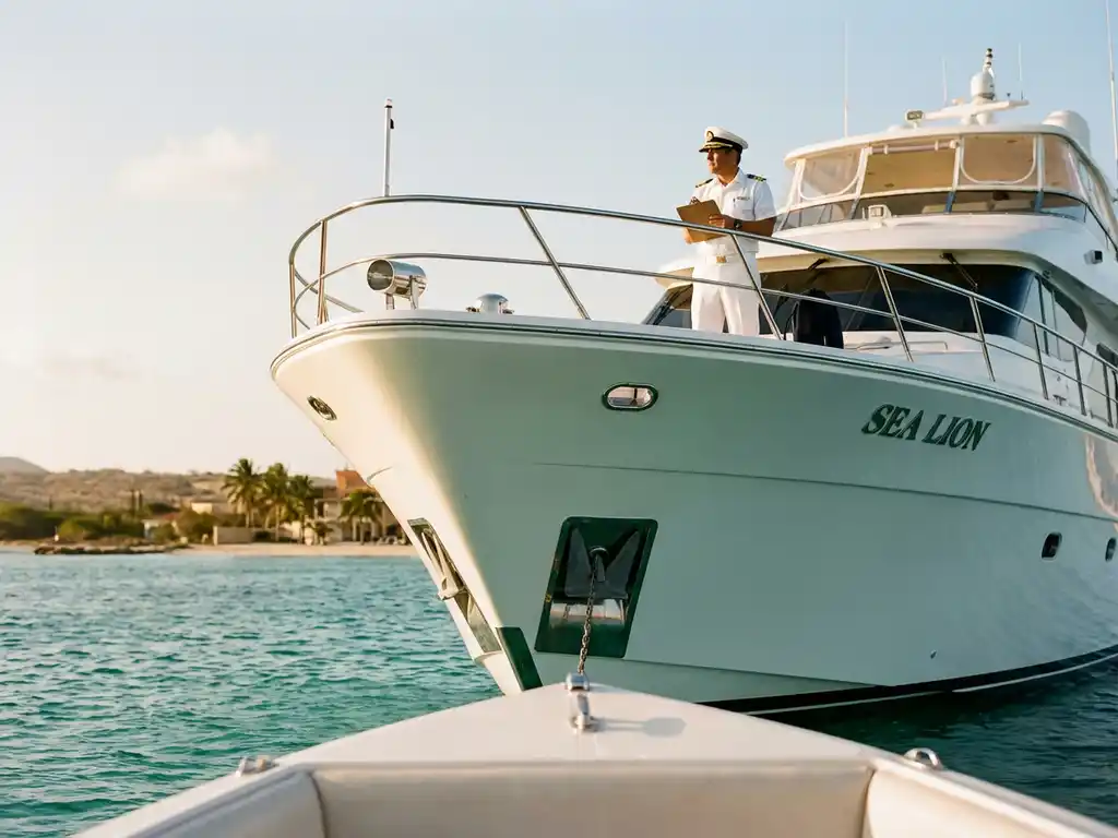 Professional yacht captain in white uniform standing on luxury yacht bow in turquoise Caribbean waters near Aruba coastline