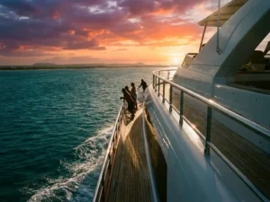 Passengers on luxury white yacht watching golden sunset over turquoise Caribbean waters near Aruba coastline
