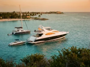 White luxury yacht anchored in turquoise Caribbean waters with charter boats nearby at golden hour in Aruba bay