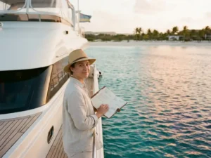 Person with calendar on luxury yacht deck in turquoise Caribbean waters near Aruba coastline at golden hour