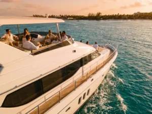 Luxury white yacht anchored in turquoise Caribbean waters with passengers relaxing on deck during golden hour near Aruba