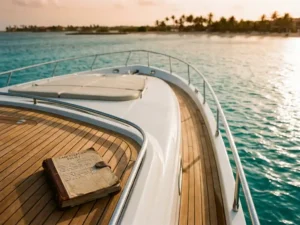 White luxury yacht anchored in turquoise Caribbean waters with captain's logbook on teak deck, Aruba coastline background