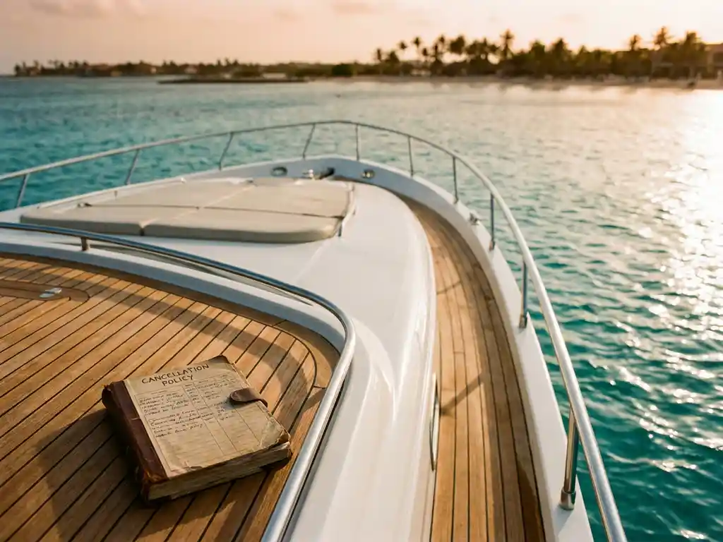 White luxury yacht anchored in turquoise Caribbean waters with captain's logbook on teak deck, Aruba coastline background