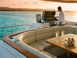 Luxury yacht deck with cream leather seating, champagne, chef preparing appetizers, turquoise Caribbean waters near Aruba