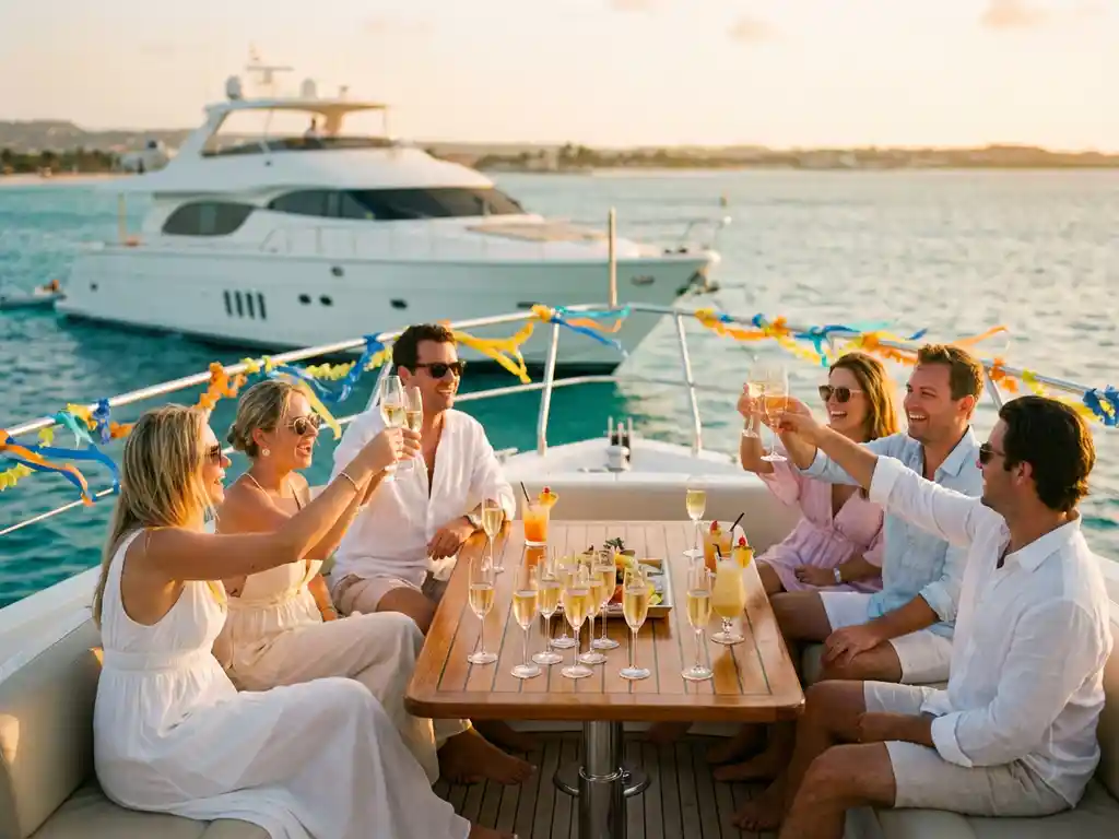 Luxury white yacht with celebrating guests raising champagne glasses at sunset in turquoise Caribbean waters near Aruba