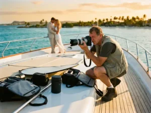 Professional photographer on luxury yacht deck capturing couple with turquoise Caribbean waters and palm shore in background