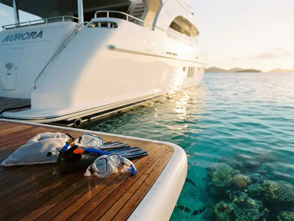White luxury yacht anchored in turquoise Caribbean waters with snorkeling gear on teak deck, coral reef visible below