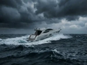 Luxury white yacht battling stormy seas with dark clouds and heavy rain off Aruba's Caribbean coast