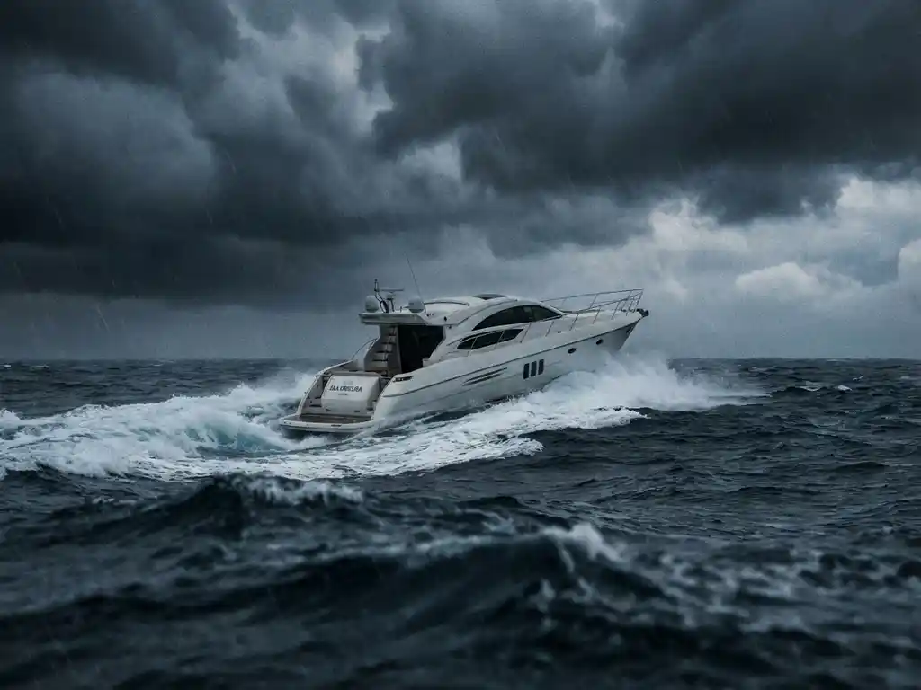 Luxury white yacht battling stormy seas with dark clouds and heavy rain off Aruba's Caribbean coast