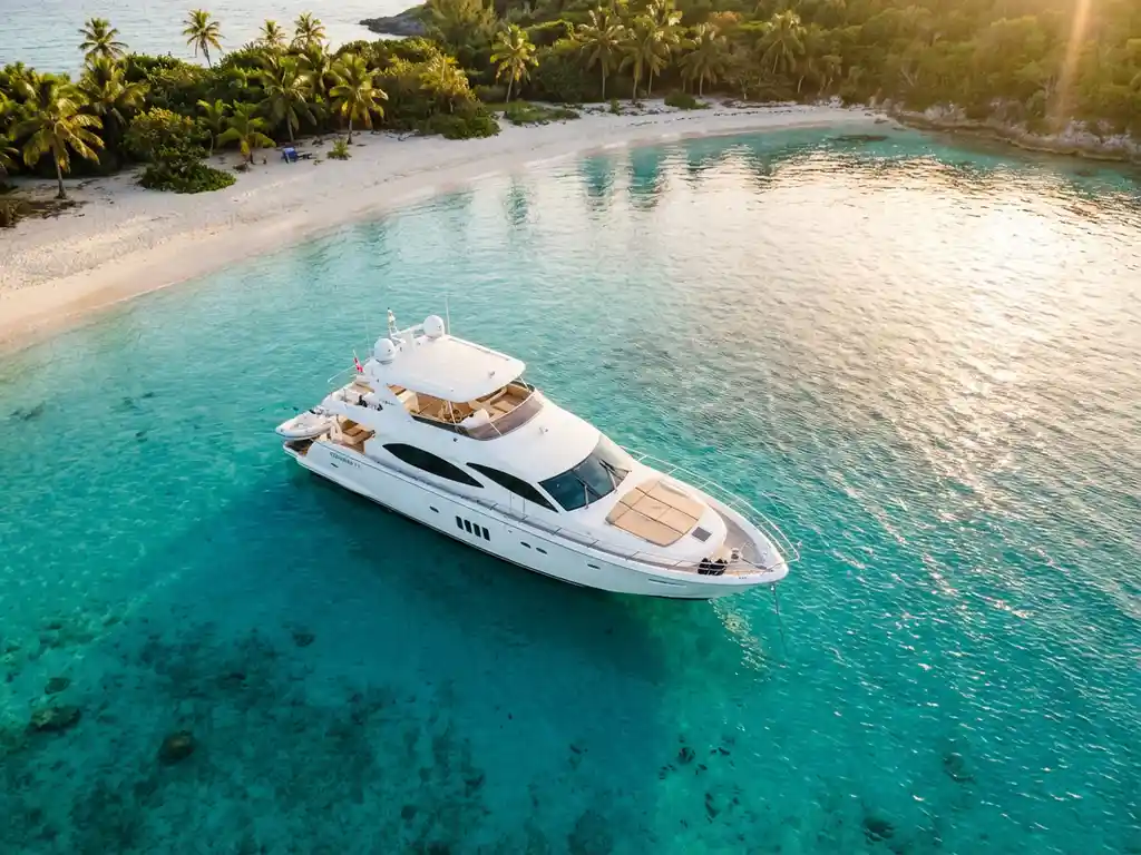 White luxury yacht anchored in turquoise Caribbean waters near pristine beach with palm trees at golden hour