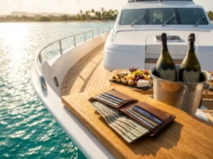 Open leather wallet with scattered credit cards and cash on luxury yacht deck in turquoise Caribbean waters