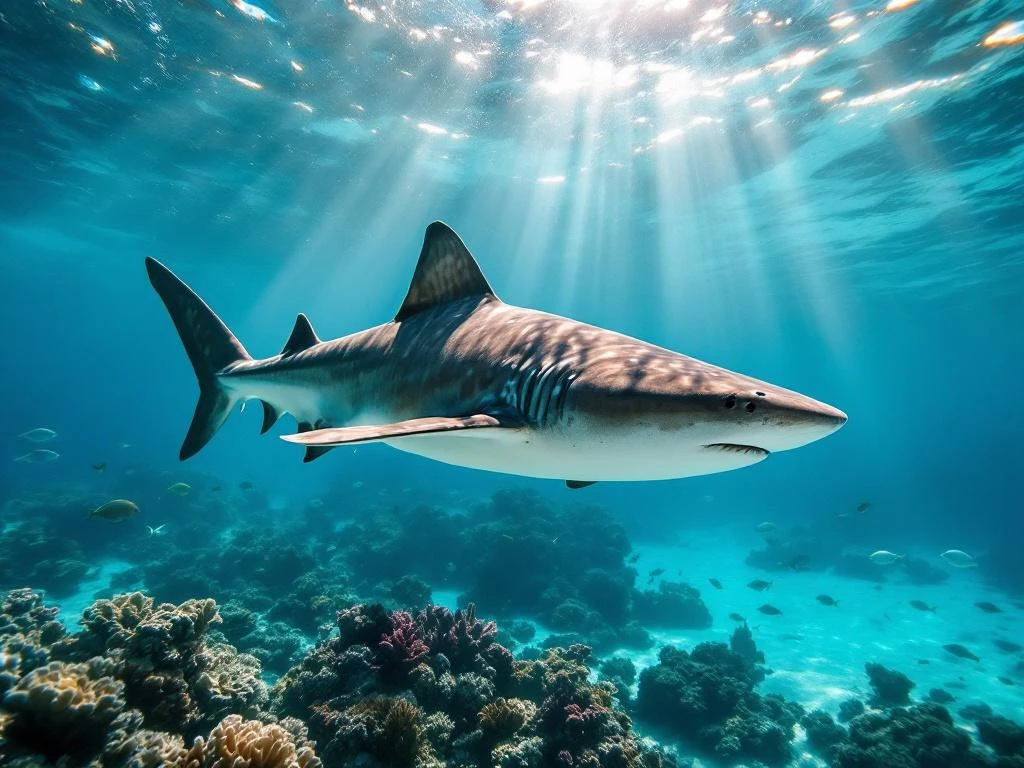 Nurse shark swimming over colorful Caribbean coral reef with tropical fish and sunlight rays in turquoise water