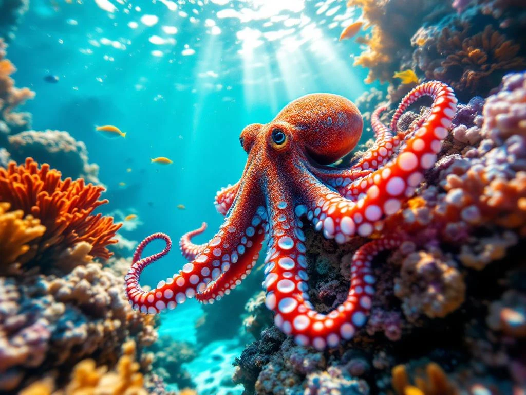 Caribbean octopus camouflaged among colorful coral reef in turquoise water with sunlight rays filtering through