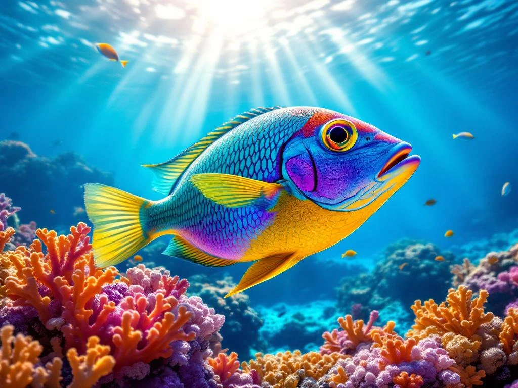 Colorful parrotfish swimming near vibrant coral reef in Aruba's crystal-clear Caribbean waters with tropical fish