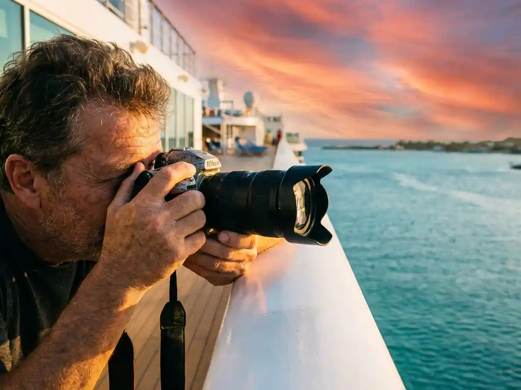 Photographer with DSLR camera capturing golden hour sunset from cruise ship deck overlooking Aruba's Caribbean coastline