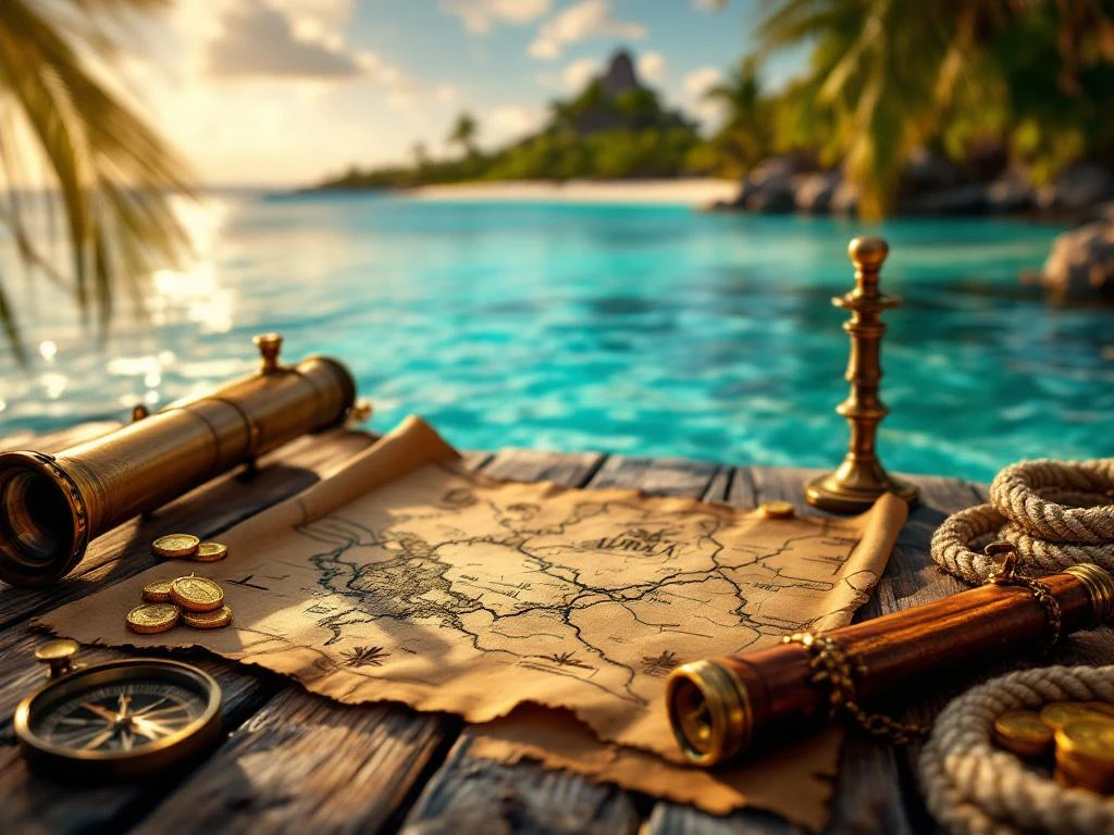 Weathered treasure map on wooden planks with brass telescope, gold coins, compass, and rope overlooking Caribbean waters
