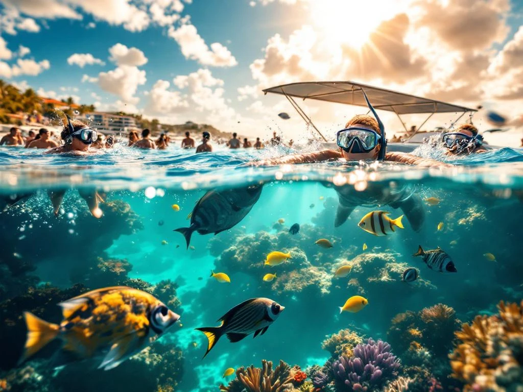Split-screen comparison of crowded group snorkeling versus private luxury snorkeling in Aruba's clear turquoise waters