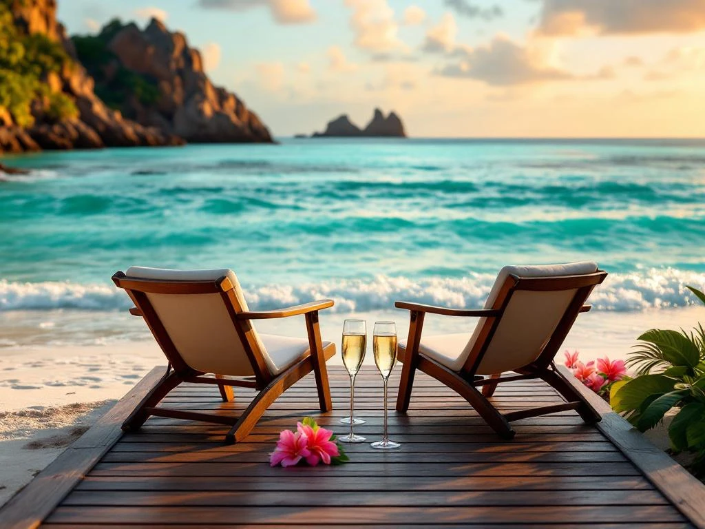 Two deck chairs on wooden dock facing turquoise Caribbean waters at sunset with champagne glasses toasting in foreground