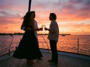Romantic couple silhouetted on cruise boat deck holding champagne glasses during vibrant Aruban sunset over Caribbean sea
