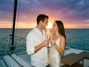 Romantic couple toasting with champagne on luxury catamaran at sunset in Aruba with golden sky and Caribbean waters